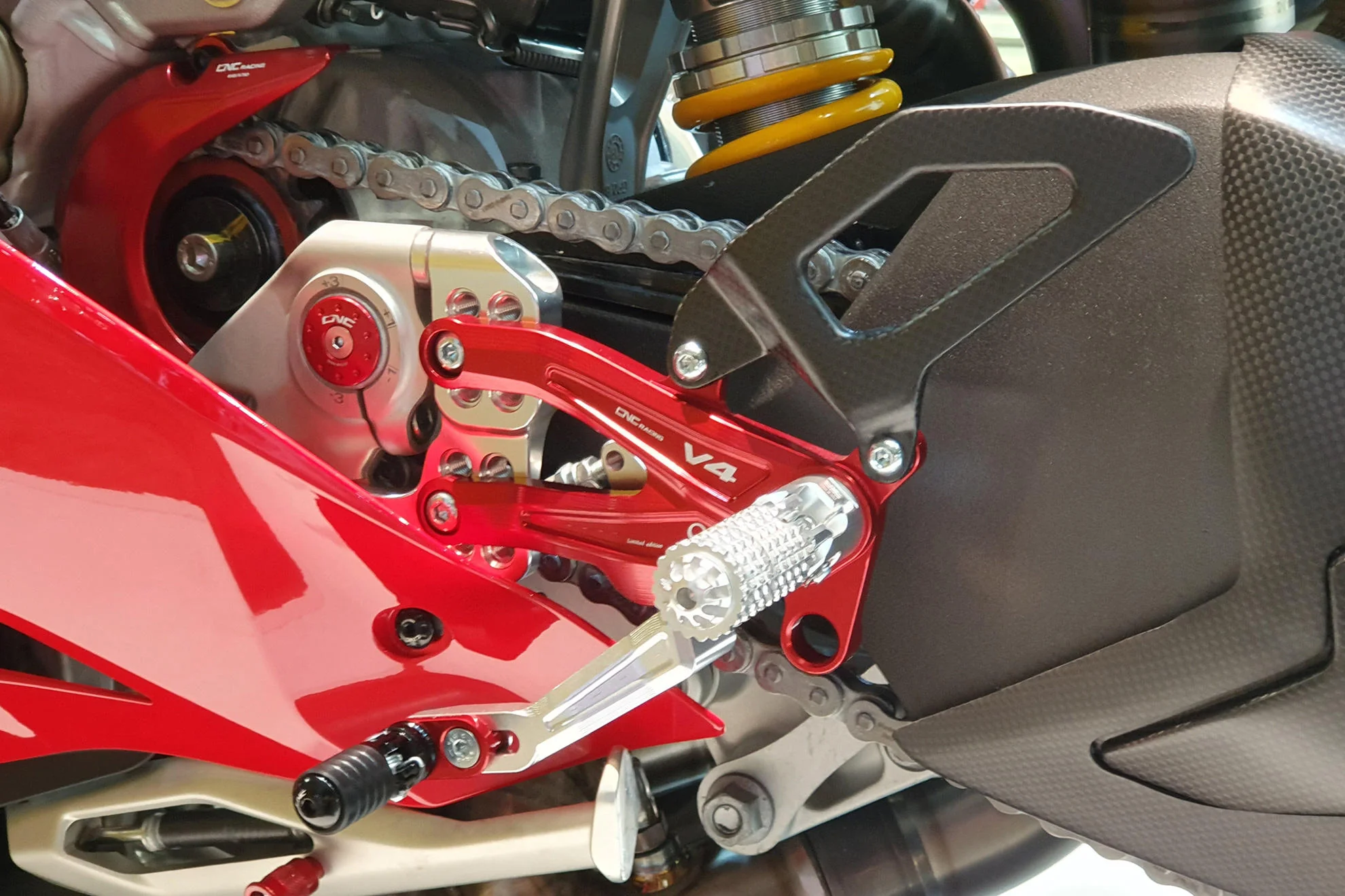 PE408PR - CNC Racing PRAMAC RACING LIMITED EDITION RPS Adjustable Rearset for the Ducati Panigale V4 / S / R - with Carbon Heel guard - Image 5