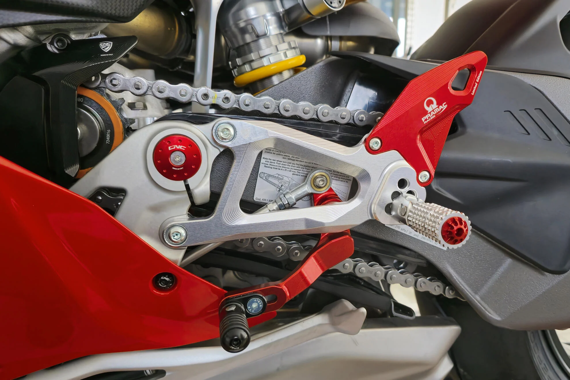 PE414PR - CNC Racing PRAMAC RACING LIMITED EDITION Adjustable Rearset for the Ducati Panigale V4 / S (2025+) - Image 3