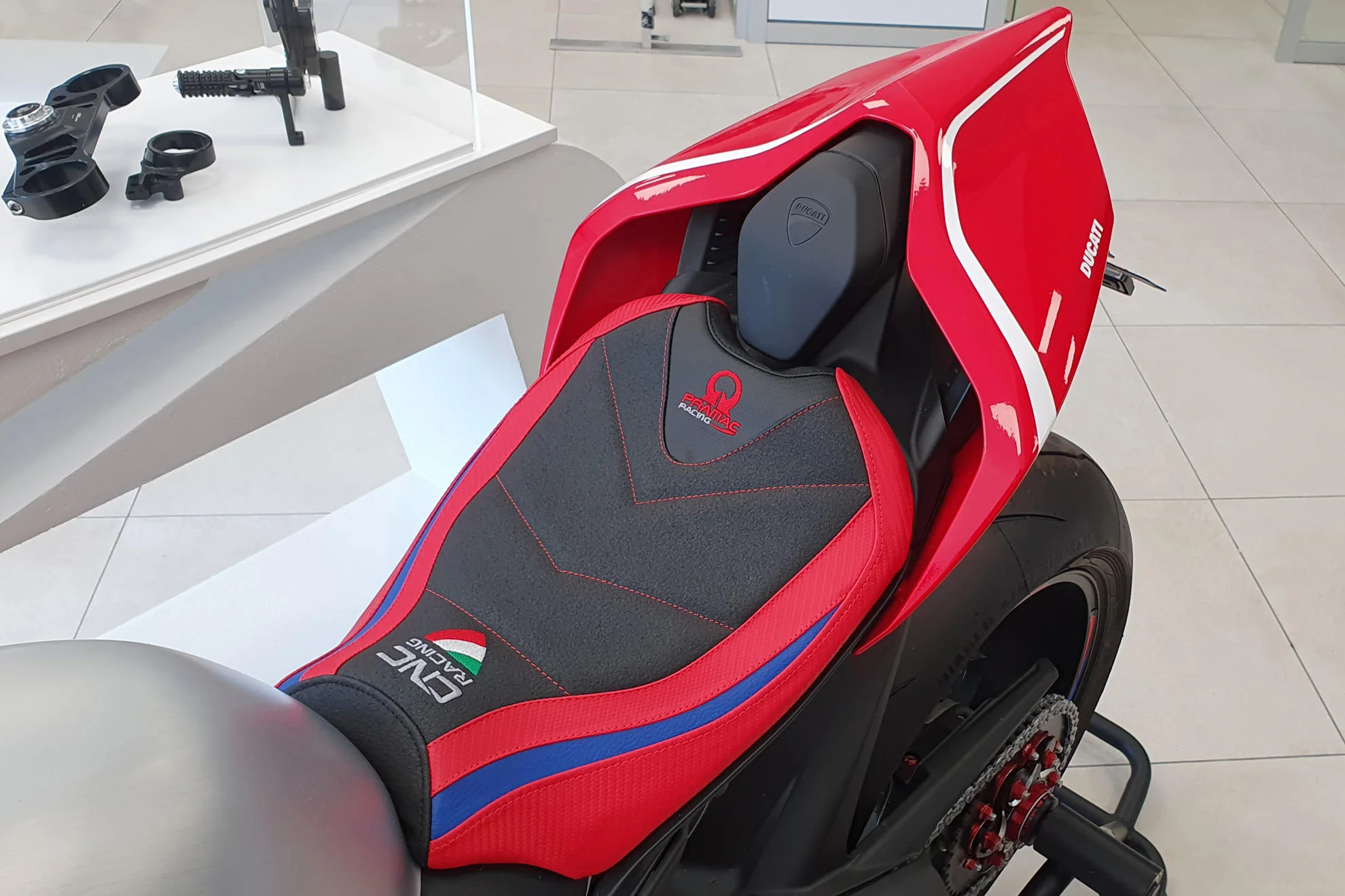 SLD01PR - CNC Racing PRAMAC RACING LIMITED EDITION Rider Seat Cover for the Ducati Panigale V4 / S / R / Speciale - Image 3
